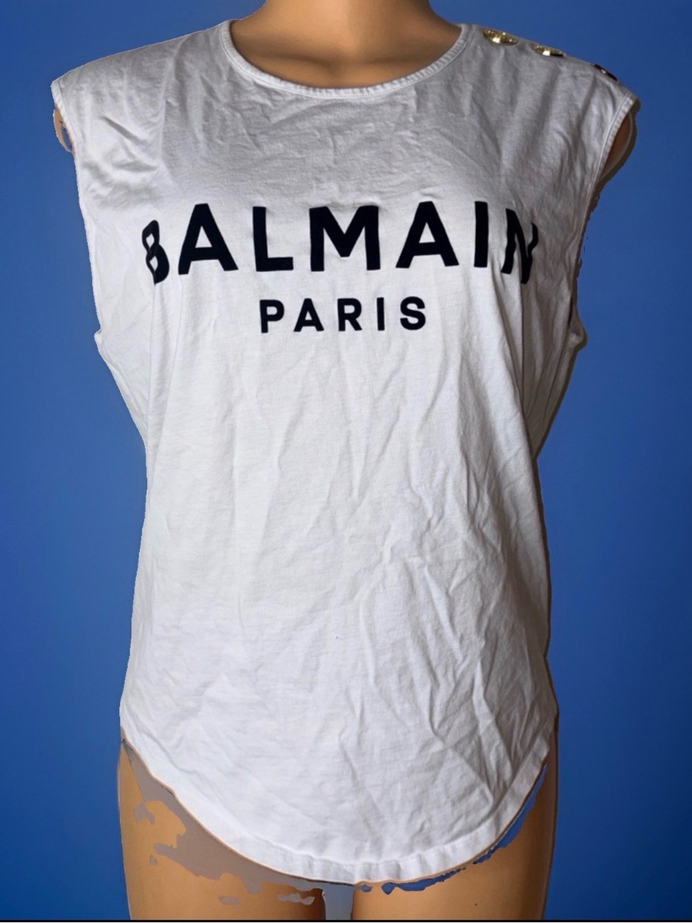 Balmain White Cotton Logo Muscle Tank with Gold Button Detail
